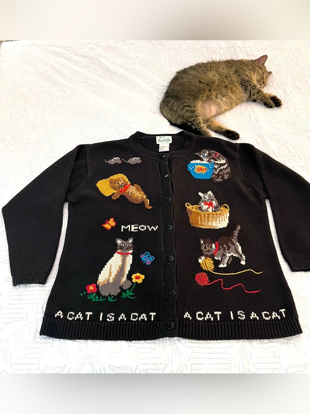 Vintage 90s Y2K Quacker Factory Women’s Black Cat Novelty Embroidered Cardigan